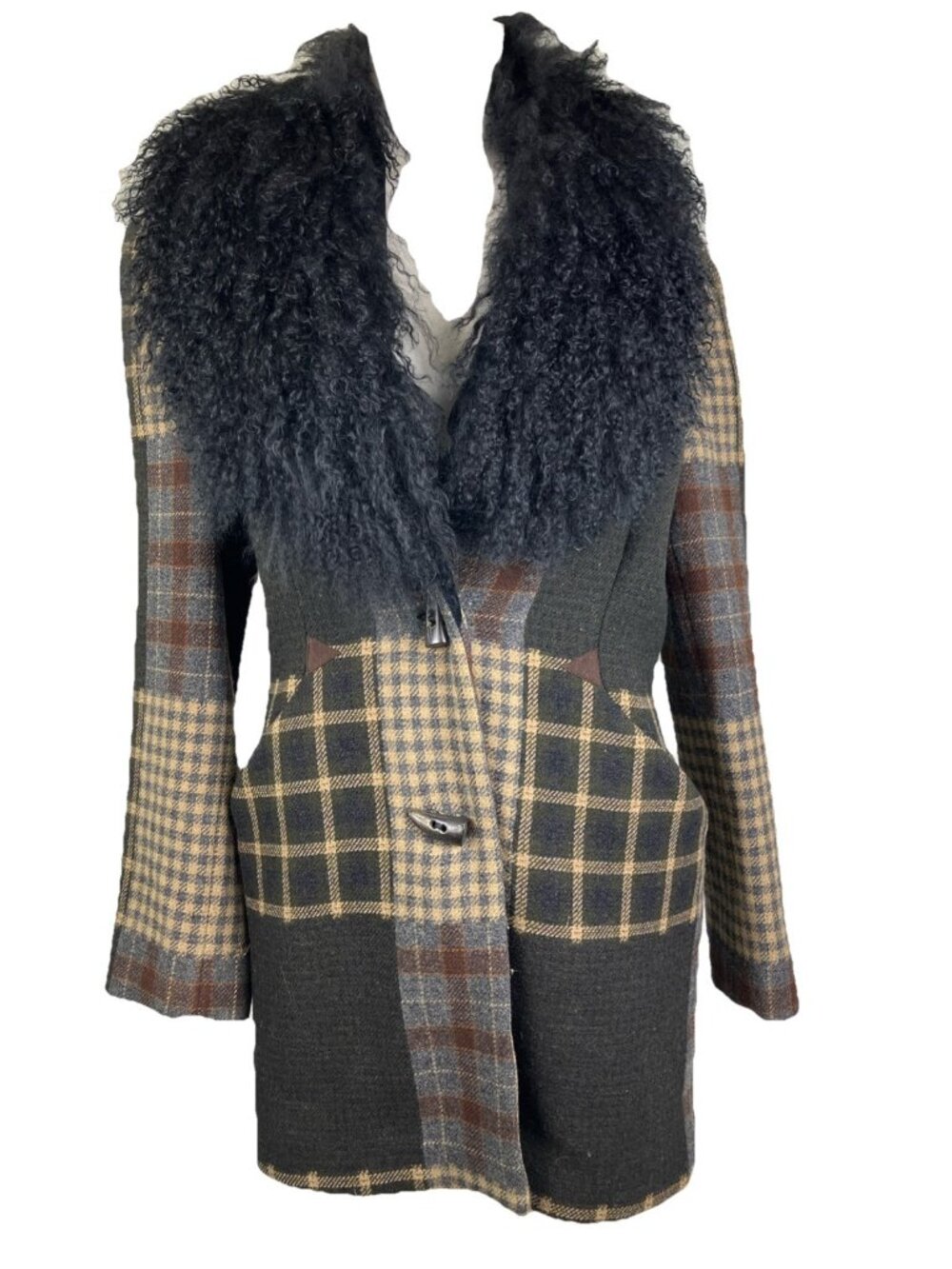 Sz S 90s Vintage Ozbek shaggy Removable Collar Wool Patchwork jacket Coat